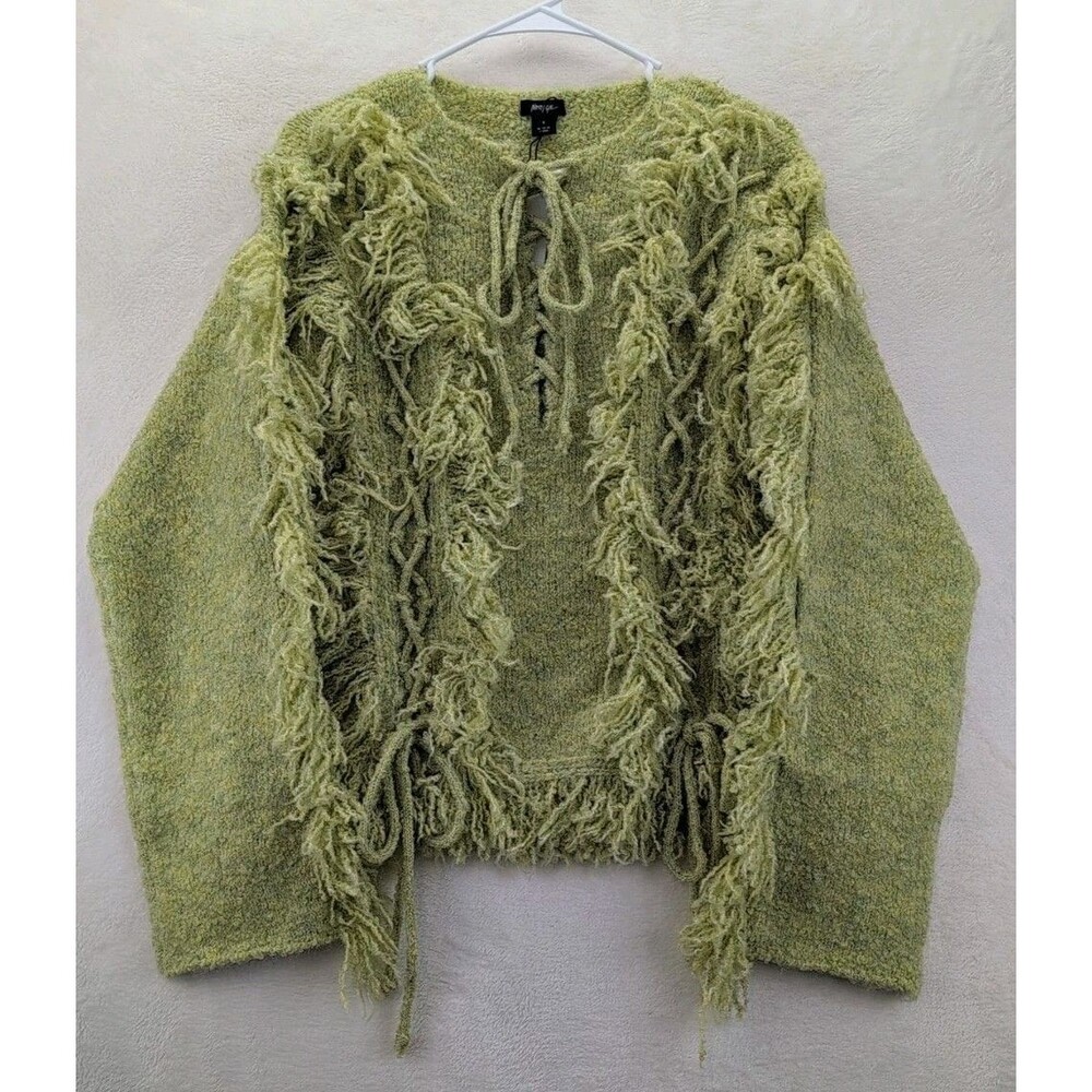 Nasty Gal Olive Green Textured Fringe V-Neck Sweater - Picture 8 of 13